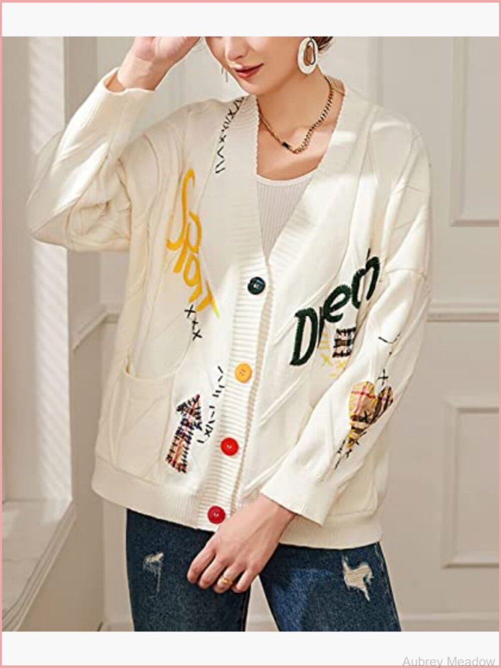 Cable Knit Open Front Cardigan Long Sleeve Button Down Embroidery Sweater - Picture 3 of 6